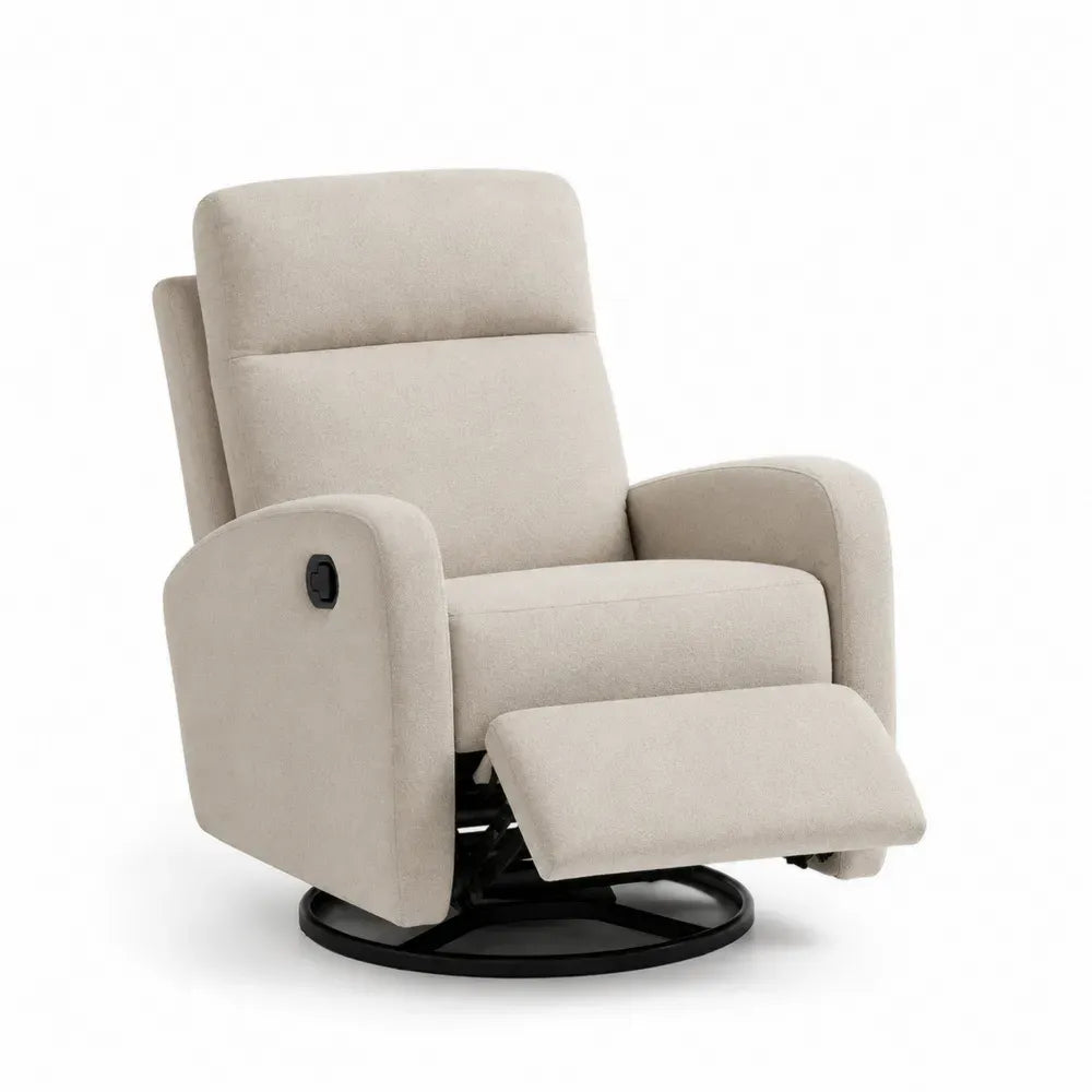 Sillón reclinable giratorio de poliéster beige con reposapiés y base metálica redonda negra 75 x 85 x 100 cm