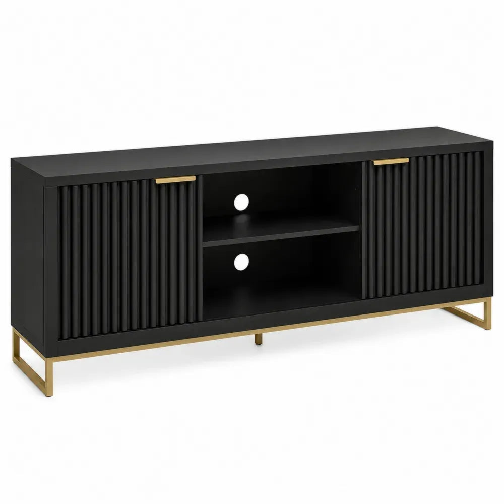 Mueble de TV rectangular de MDF negro con puertas acanaladas estantes centrales y base metálica dorada 160 x 40 x 55 cm