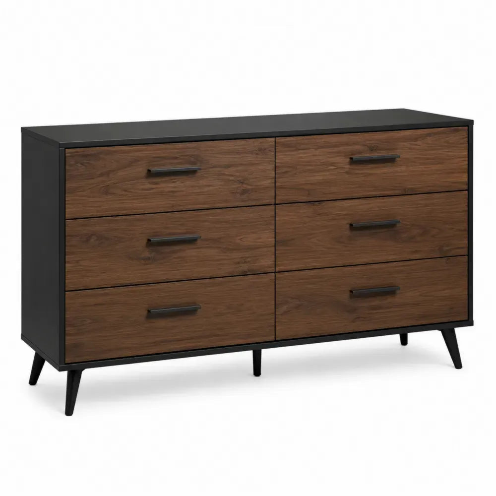Cómoda rectangular de 6 cajones MDF melamina negro y nogal oscuro con patas de acero negro 140 cm x 40 cm x 78 cm