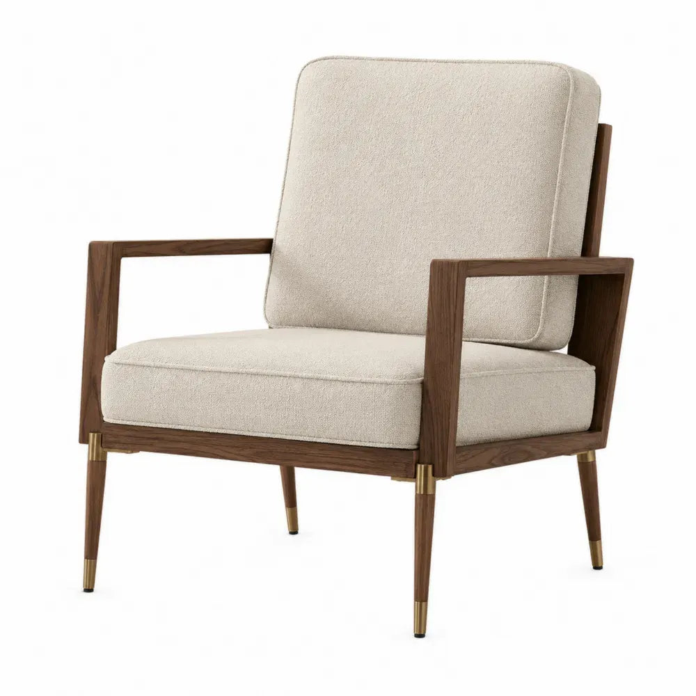 Sillón individual rectangular de poliéster bouclé beige con reposabrazos de madera marrón y detalles dorados 72 x 75 x 78 cm