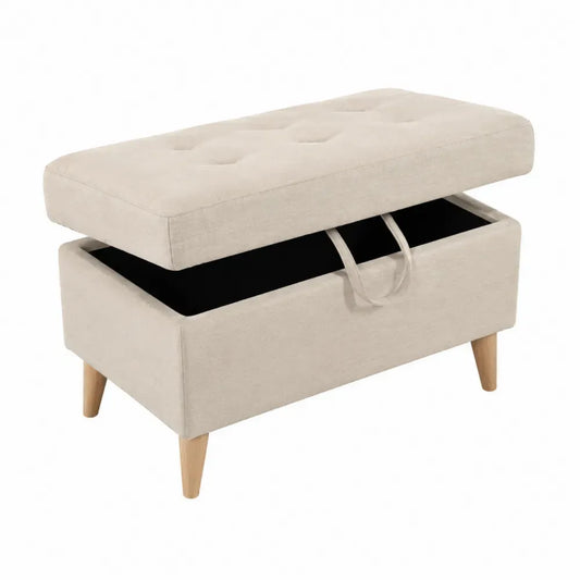 Banco otomano de almacenaje rectangular de MDF beige con tapizado de poliéster y patas de madera natural 80 x 40 x 45 cm