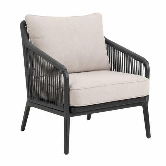 Silla de exterior de aluminio negro con cuerda PE y cojines beige 65 x 70 x 85 cm
