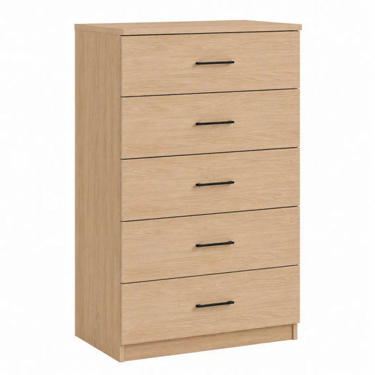 Cómoda de 5 cajones 70 x 40 x 110 cm en MDF melamina roble claro con tiradores negros
