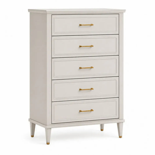 Cómoda de 5 cajones 80 x 40 x 125 cm MDF blanco roto con tiradores dorados