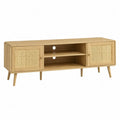 Mueble para TV de madera MDF con puertas de rejilla de ratán natural estantes abiertos y patas de madera maciza 160 x 40 x 50 cm