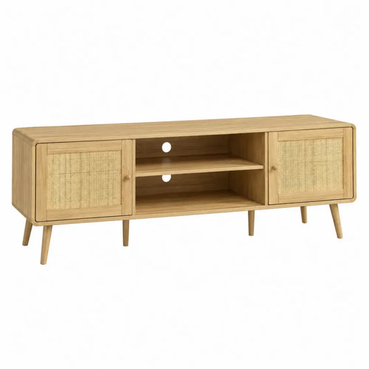 Mueble para TV de madera MDF con puertas de rejilla de ratán natural estantes abiertos y patas de madera maciza 160 x 40 x 50 cm