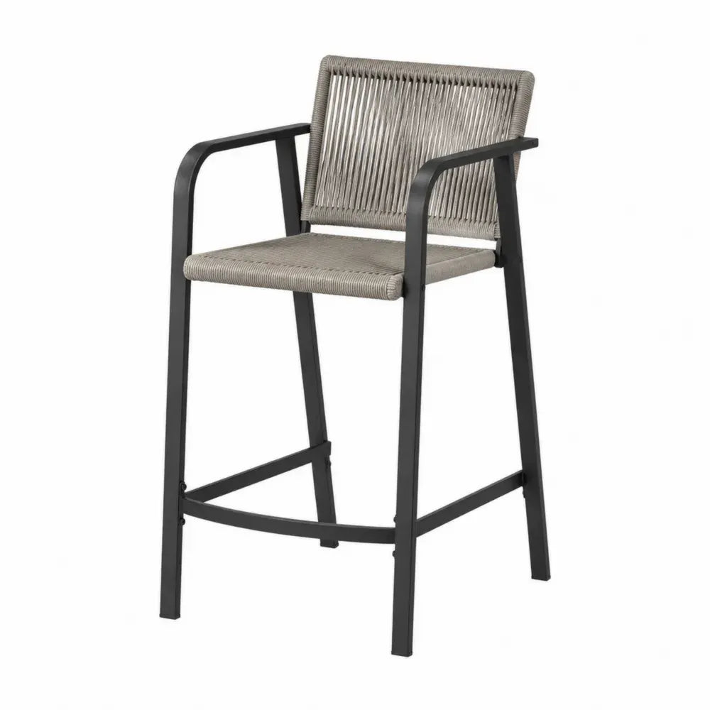 Silla de bar de exterior con reposabrazos en cuerda trenzada PE estructura de aluminio negro y gris 60 x 65 x 105 cm