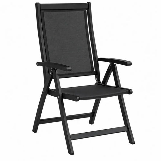 Silla de exterior plegable de aluminio negro con asiento de textileno y respaldo reclinable 55 x 60 x 105 cm