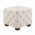 Reposapiés puff cúbico tapizado en tejido beige capitoné con patas de madera maciza 45 x 45 x 40 cm