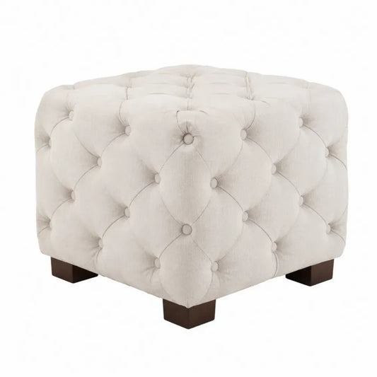 Reposapiés puff cúbico tapizado en tejido beige capitoné con patas de madera maciza 45 x 45 x 40 cm