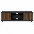 Mueble TV de 160 cm en MDF negro con puertas de listones de roble estantes abiertos y patas de acero 160 x 40 x 50 cm
