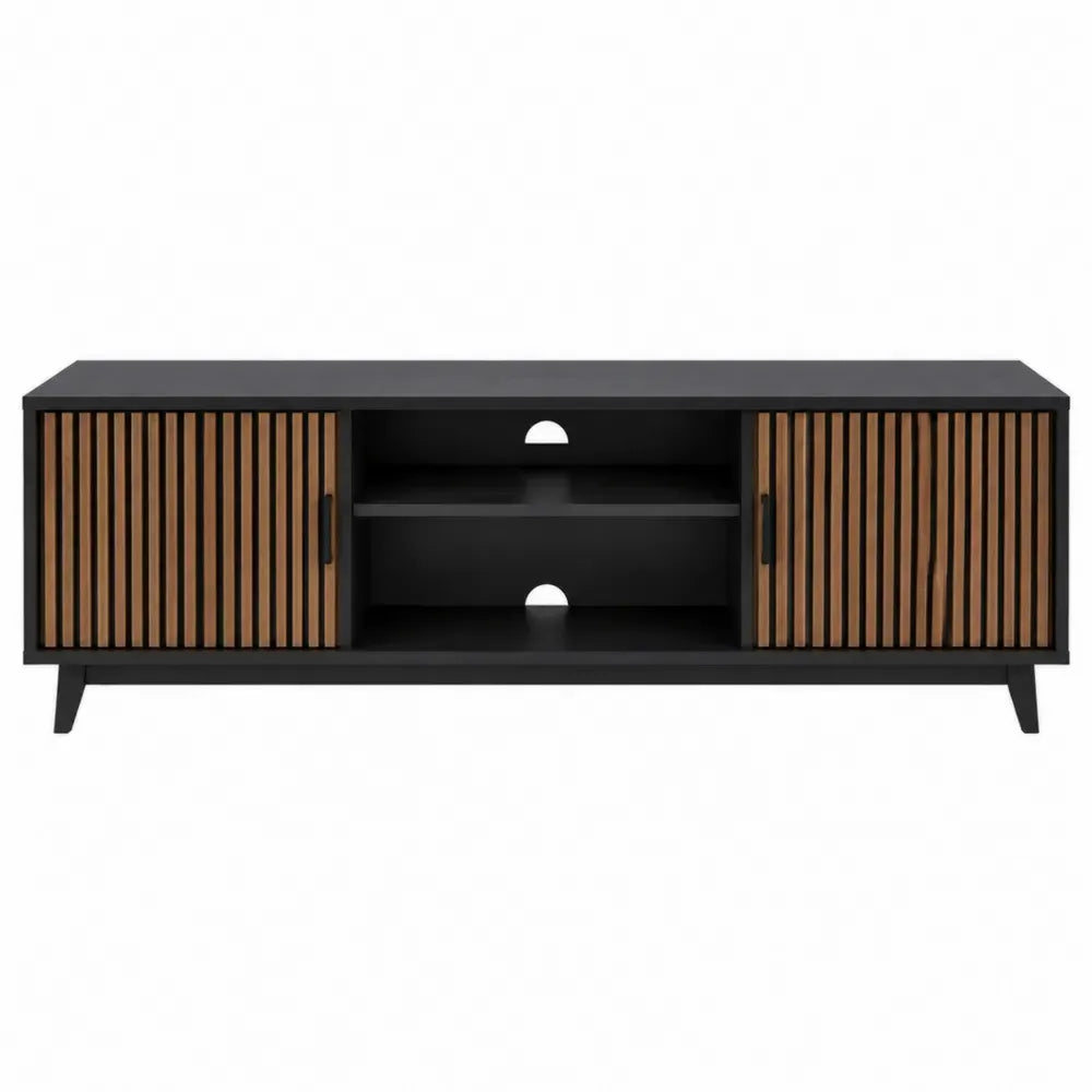 Mueble TV de 160 cm en MDF negro con puertas de listones de roble estantes abiertos y patas de acero 160 x 40 x 50 cm