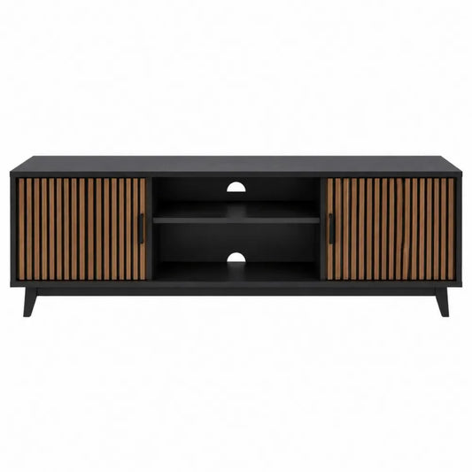 Mueble TV de 160 cm en MDF negro con puertas de listones de roble estantes abiertos y patas de acero 160 x 40 x 50 cm