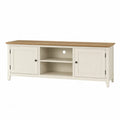 Mueble de TV en MDF con puertas de panel ranurado de madera estantes abiertos y patas de madera maciza 160 x 40 x 60 cm blanco roto madera natural