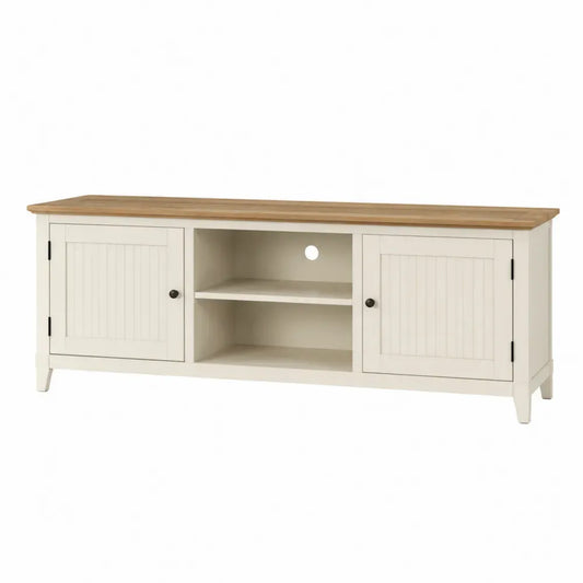Mueble de TV en MDF con puertas de panel ranurado de madera estantes abiertos y patas de madera maciza 160 x 40 x 60 cm blanco roto madera natural