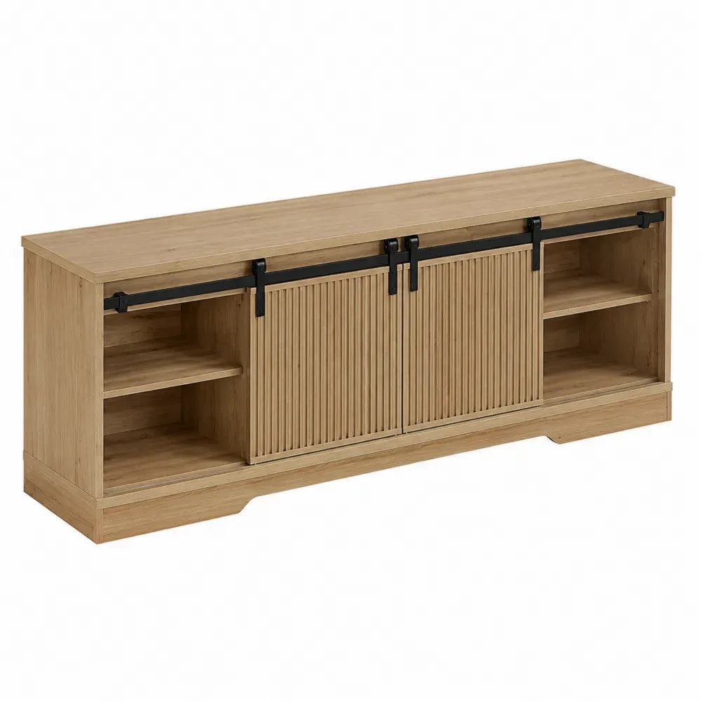 Mueble para TV de 160 cm en MDF y madera natural con puertas correderas de lamas y estructura de acero negro 160 x 40 x 55 cm