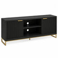 Mueble de TV rectangular de MDF negro con puertas acanaladas estantes centrales y base metálica dorada 160 x 40 x 55 cm