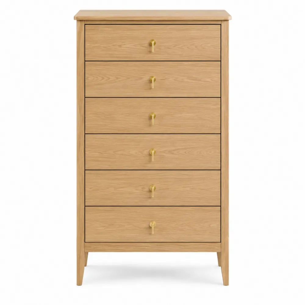 Cómoda alta de 6 cajones 70 x 40 x 125 cm MDF chapado en roble natural rectangular roble natural tiradores latón