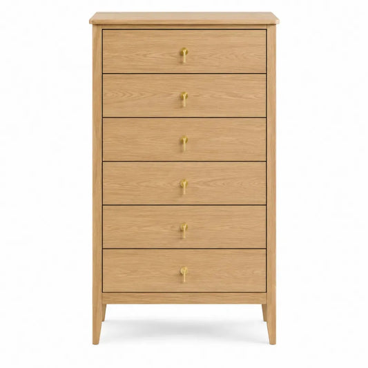 Cómoda alta de 6 cajones 70 x 40 x 125 cm MDF chapado en roble natural rectangular roble natural tiradores latón