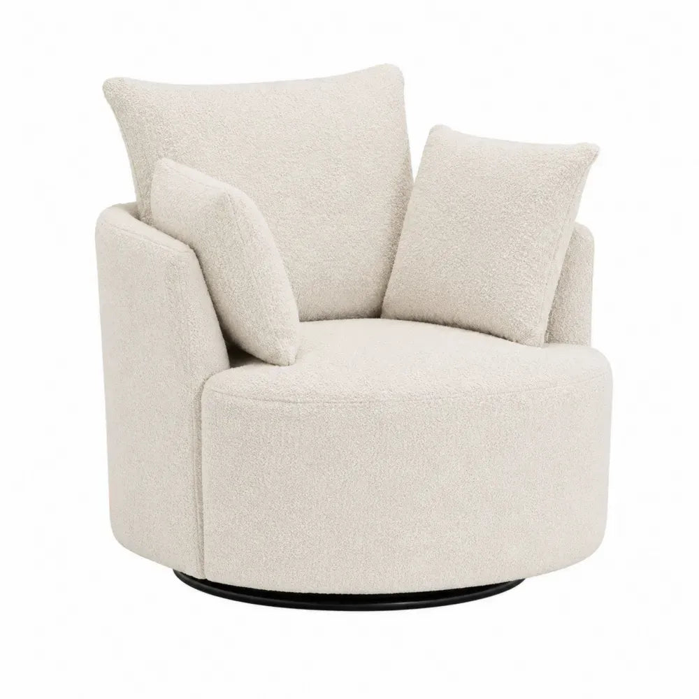 Sillón giratorio redondo de poliéster bouclé beige con cojines y base metálica negra 80 x 80 x 75 cm