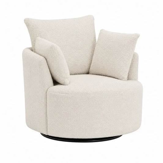 Sillón giratorio redondo de poliéster bouclé beige con cojines y base metálica negra 80 x 80 x 75 cm