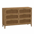 Cómoda rectangular de 6 cajones MDF chapado en roble medio frentes acanalados tiradores de latón 140 cm x 45 cm x 80 cm