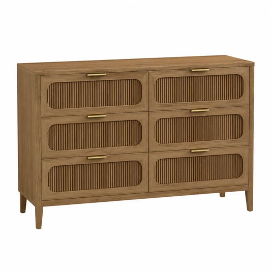 Cómoda rectangular de 6 cajones MDF chapado en roble medio frentes acanalados tiradores de latón 140 cm x 45 cm x 80 cm