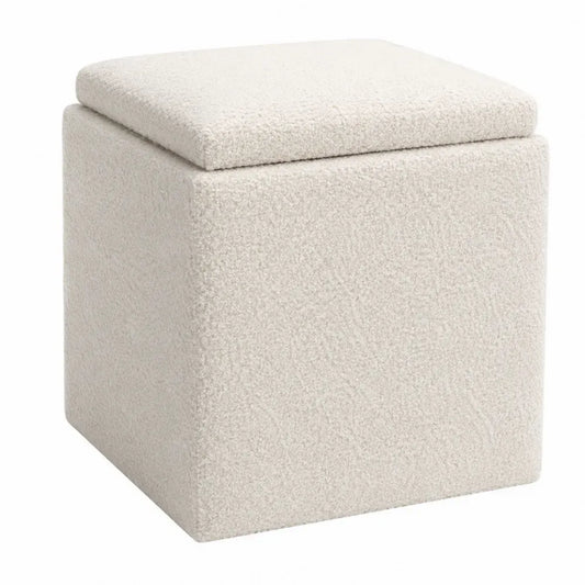 Reposapiés puff cubo con almacenamiento tapizado en tejido bouclé blanco con tapa desmontable 45 x 45 x 45 cm
