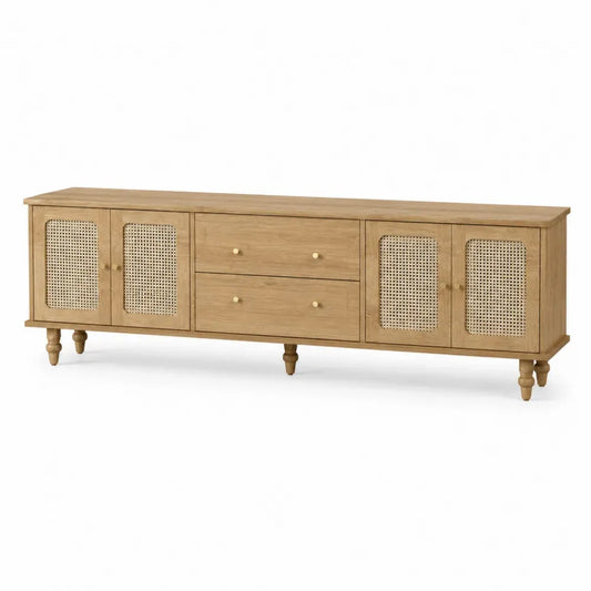 Mueble para TV de MDF con chapado en roble natural puertas de rejilla de ratán y 2 cajones 160 x 40 x 60 cm madera natural beige