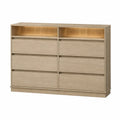 Cómoda rectangular de 6 cajones MDF melamina roble claro con compartimentos abiertos e iluminación LED 120 cm x 40 cm x 90 cm