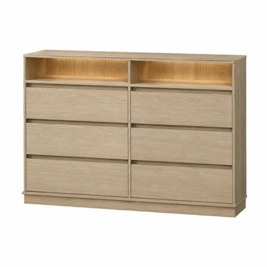 Cómoda rectangular de 6 cajones MDF melamina roble claro con compartimentos abiertos e iluminación LED 120 cm x 40 cm x 90 cm