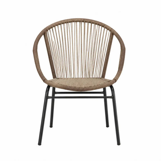 Silla de exterior tipo concha con cuerda trenzada PE y estructura de acero negro beige 70x65x85 cm