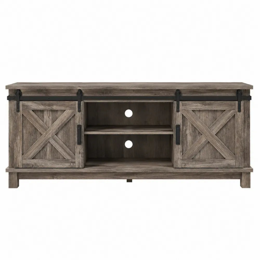 Mueble para TV de 160 cm en MDF con puertas correderas tipo granero acabado madera rústica estructura metálica negra 160 x 40 x 60 cm