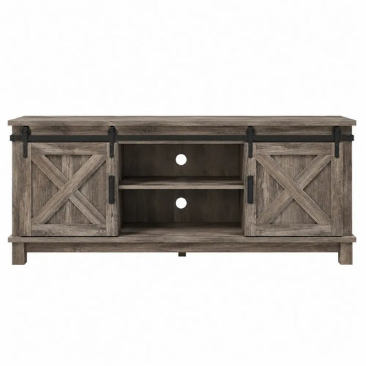 Mueble para TV de 160 cm en MDF con puertas correderas tipo granero acabado madera rústica estructura metálica negra 160 x 40 x 60 cm